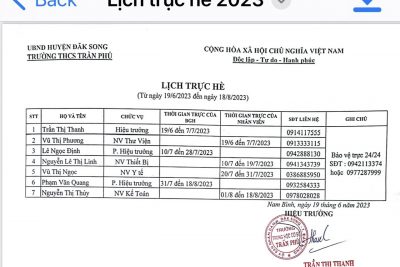 LỊCH TRỰC HÈ 2022-2023