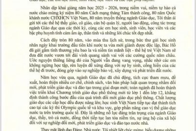 THƯ CỦA CHỦ TỊCH NƯỚC LƯƠNG CƯỜNG GỬI NGÀNH GIÁO DỤC NHÂN DỊP KHAI GIẢNG NĂM HỌC 2025 -2026.
