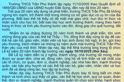 “LỄ KỶ NIỆM 20 NĂM THÀNH LẬP TRƯỜNG THCS TRẦN PHÚ (11/10/2005 – 11/10/2025) KẾT NỐI VÀ PHÁT TRIỂN”